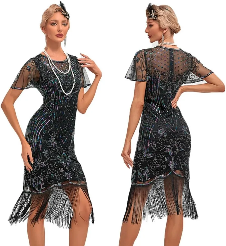 1920s Flapper Dresses for Women Great Gatsby Roaring 20s Dresses Sequin Tassel Fringe Cocktail Dress