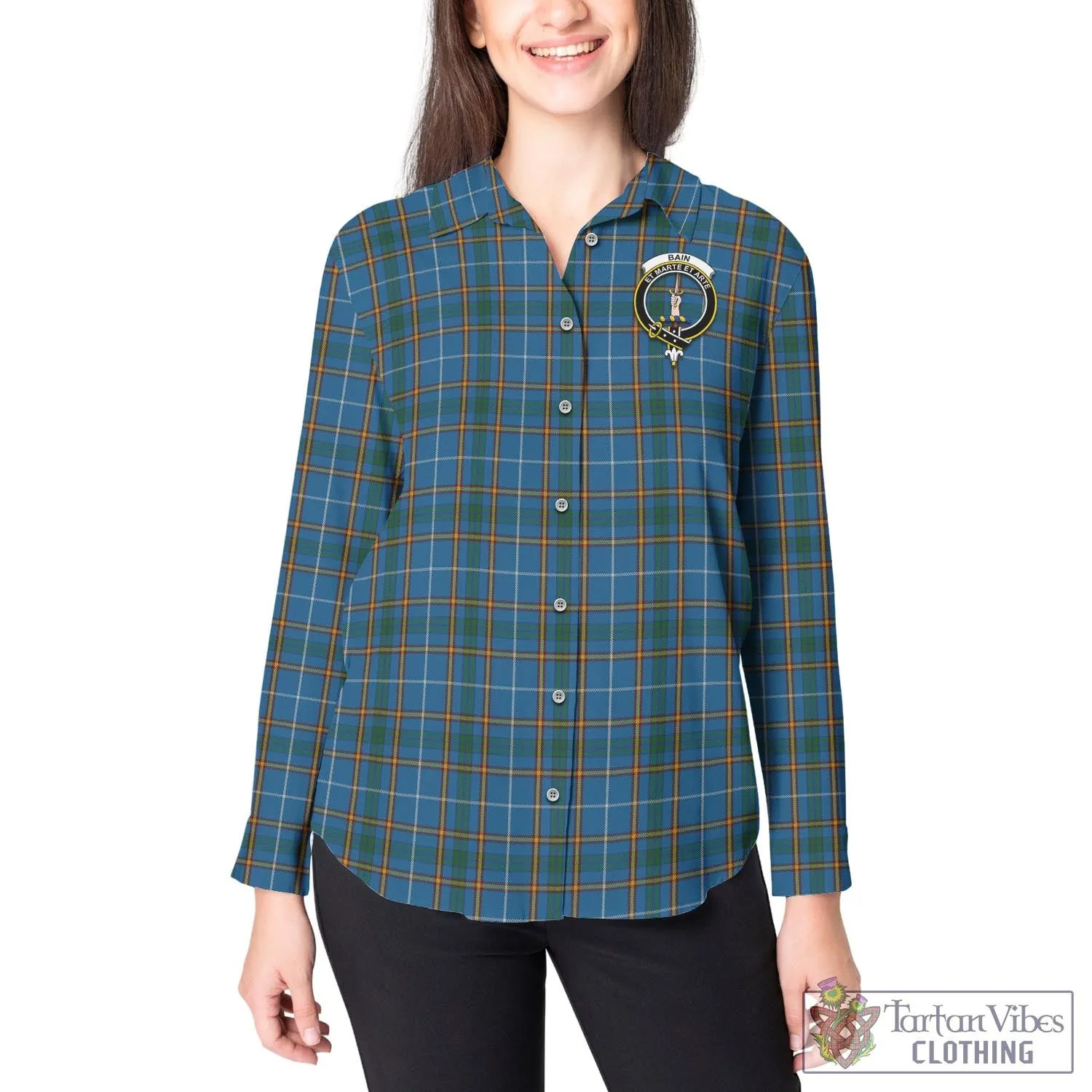 Bain Tartan Women's Casual Shirt with Family Crest