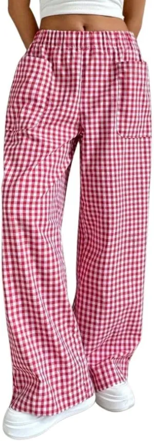 chouyatou Women's Casual Striped Wide Leg Pants Plaid Elastic Waist Palazzo Pants with Pockets