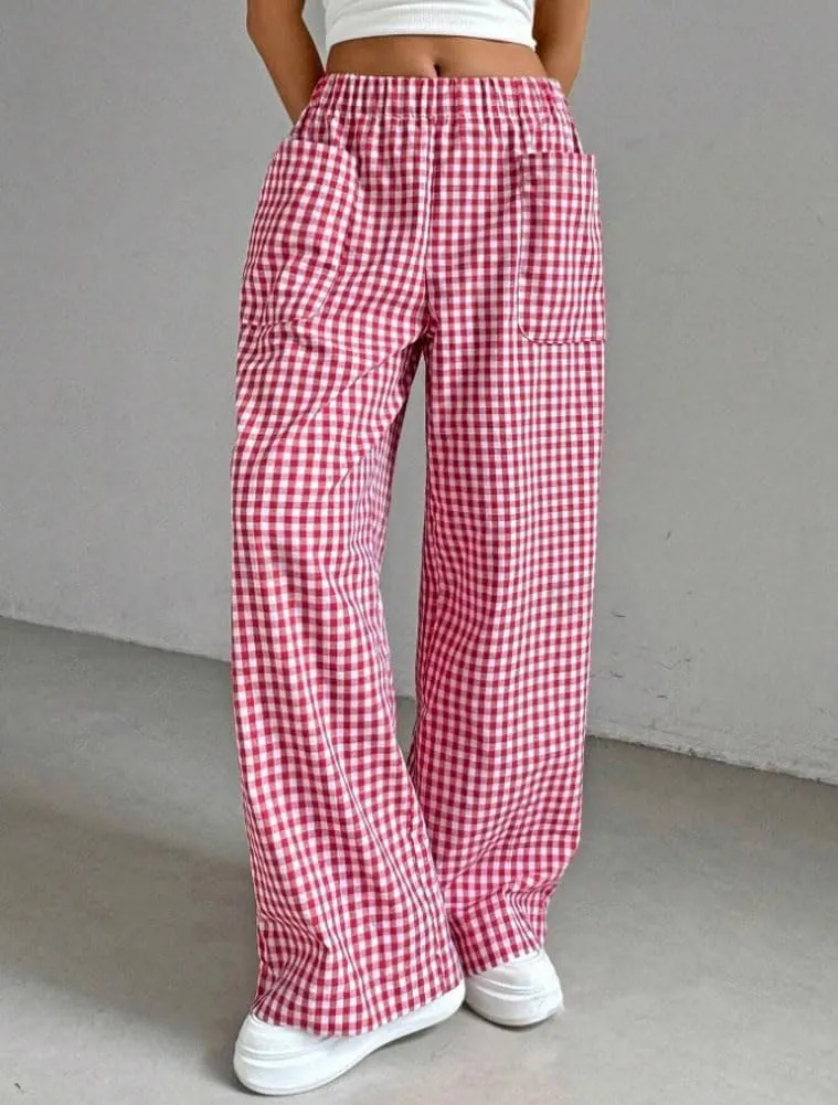 chouyatou Women's Casual Striped Wide Leg Pants Plaid Elastic Waist Palazzo Pants with Pockets