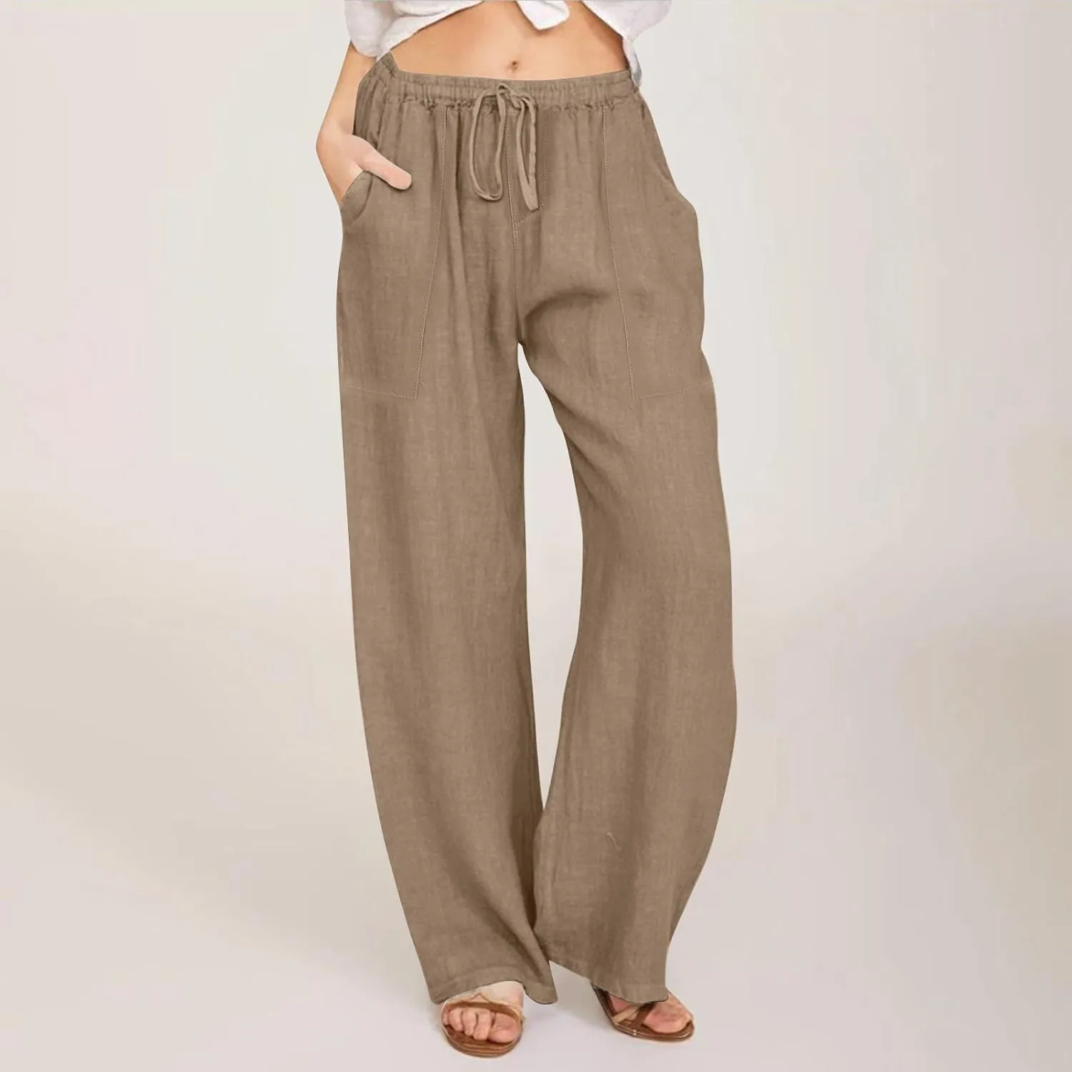 Cotton Linen Capri Pants for Women Flowy Wide Leg Summer High Waisted, Black Cargo Pants Women Golf Trousers