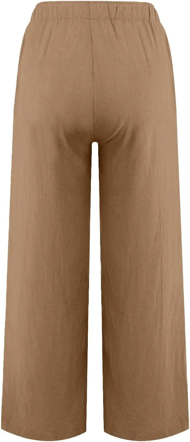 Cotton Linen Capri Pants for Women Flowy Wide Leg Summer High Waisted, Black Cargo Pants Women Golf Trousers