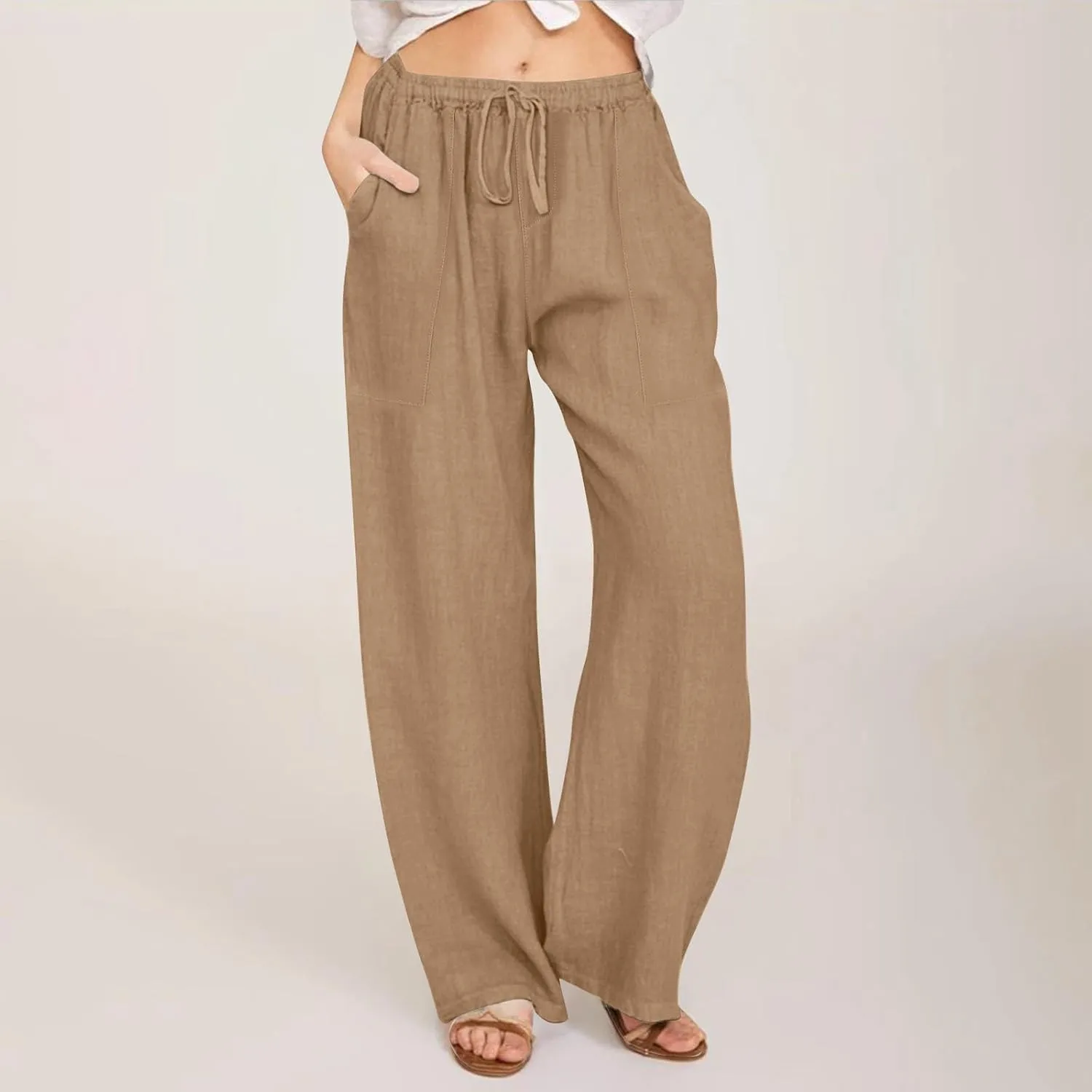 Cotton Linen Capri Pants for Women Flowy Wide Leg Summer High Waisted, Black Cargo Pants Women Golf Trousers