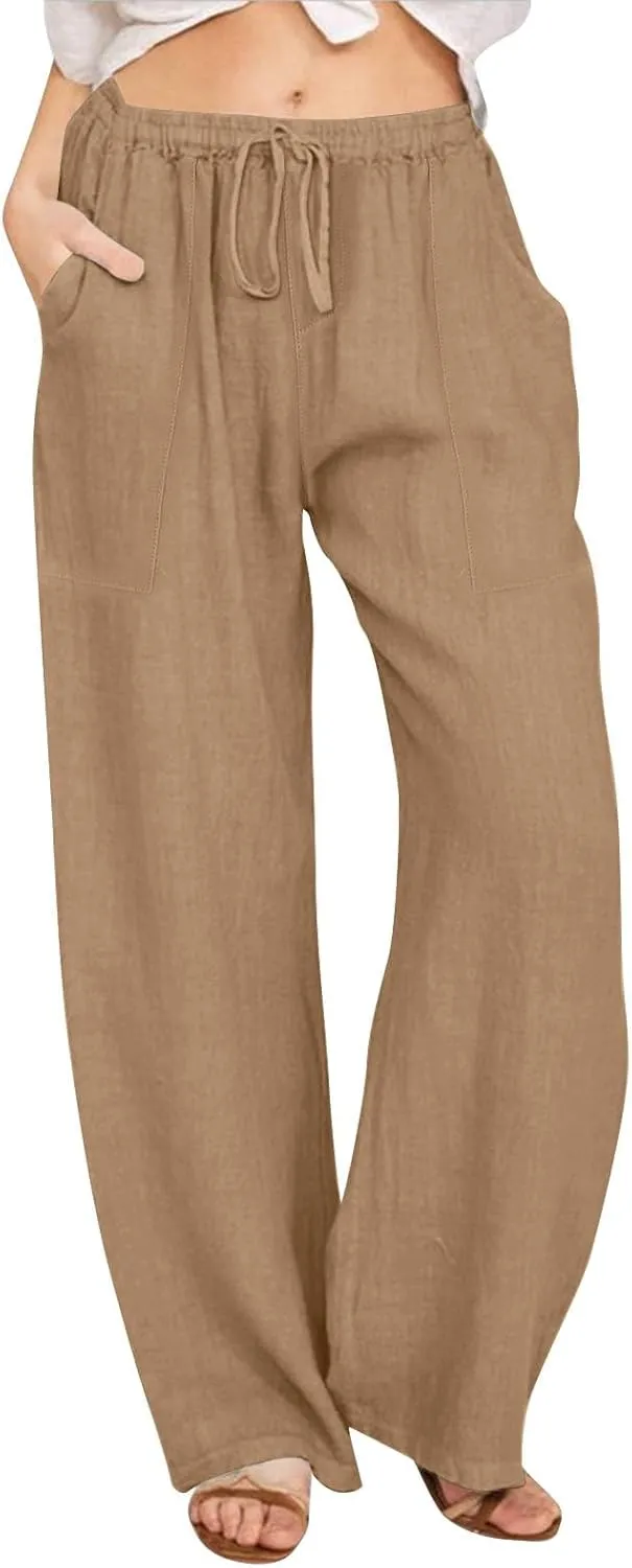 Cotton Linen Capri Pants for Women Flowy Wide Leg Summer High Waisted, Black Cargo Pants Women Golf Trousers