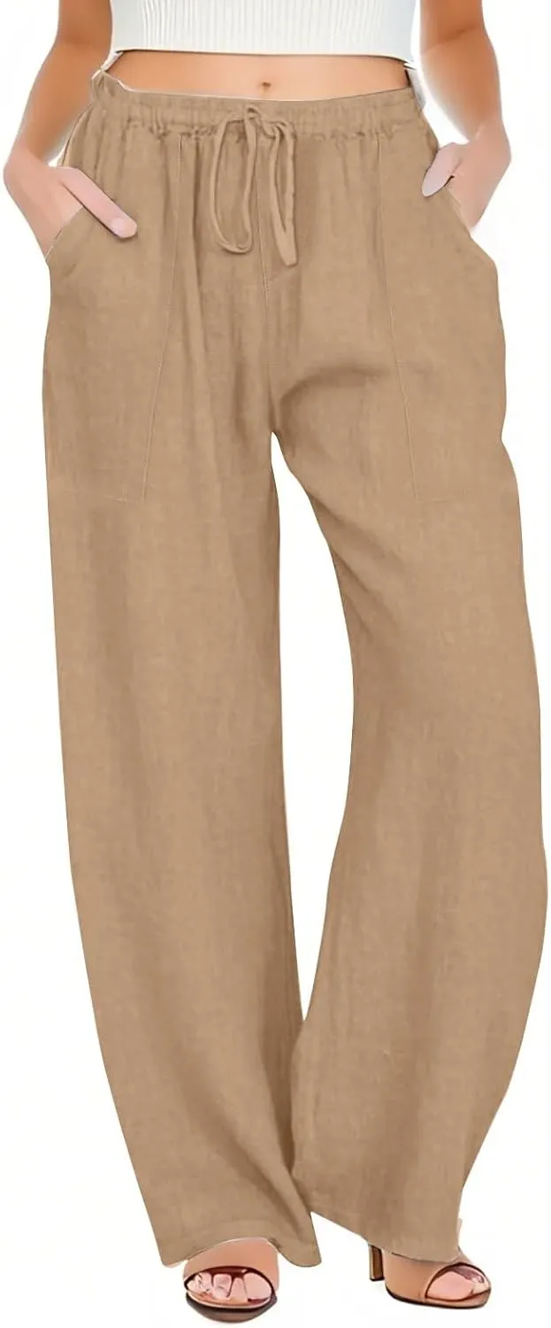 Cotton Linen Capri Pants for Women Flowy Wide Leg Summer High Waisted, Black Cargo Pants Women Golf Trousers