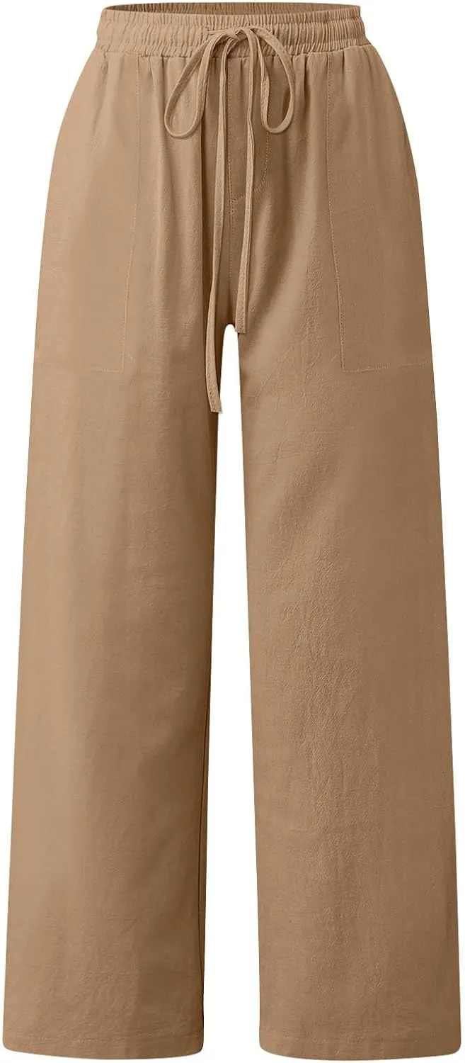 Cotton Linen Capri Pants for Women Flowy Wide Leg Summer High Waisted, Black Cargo Pants Women Golf Trousers