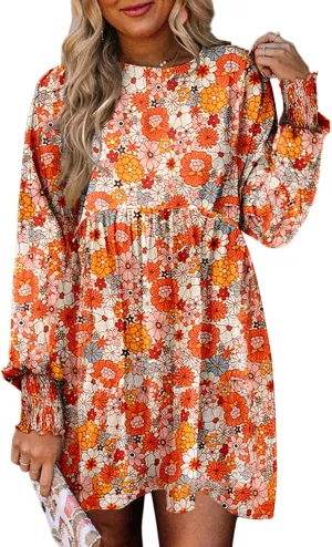 Dokotoo Womens Spring Summer Dress 2025 Long Sleeve Floral Boho Dresses Flowy Babydoll Shift Mini Dress
