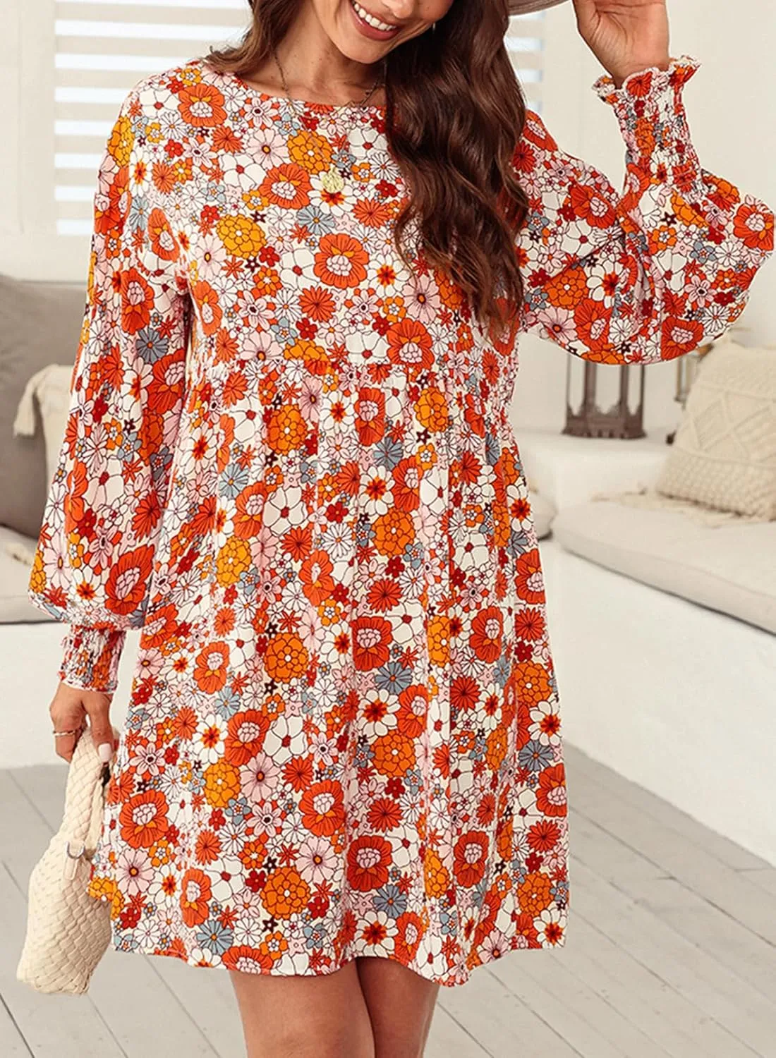 Dokotoo Womens Spring Summer Dress 2025 Long Sleeve Floral Boho Dresses Flowy Babydoll Shift Mini Dress