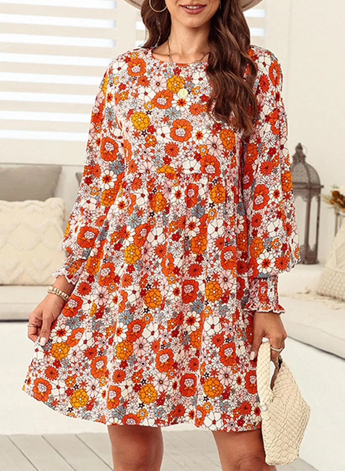 Dokotoo Womens Spring Summer Dress 2025 Long Sleeve Floral Boho Dresses Flowy Babydoll Shift Mini Dress