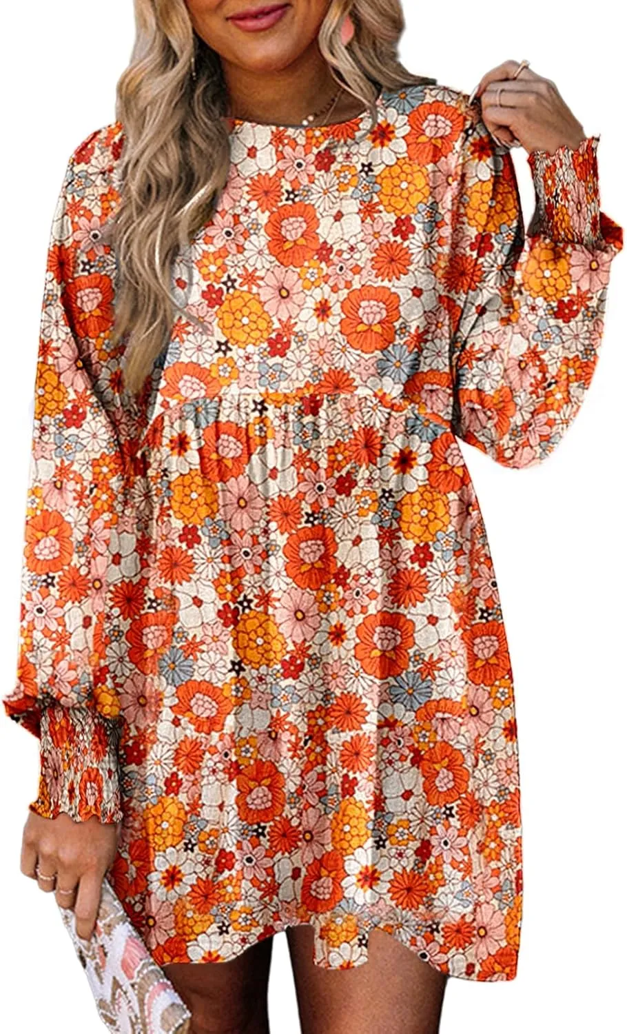 Dokotoo Womens Spring Summer Dress 2025 Long Sleeve Floral Boho Dresses Flowy Babydoll Shift Mini Dress