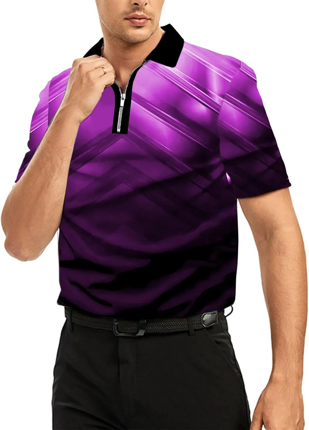 Ecosunny Men's Short Sleeve Polo Shirt 3D Printed Zipper Casual Slim Fit Golf Shirts