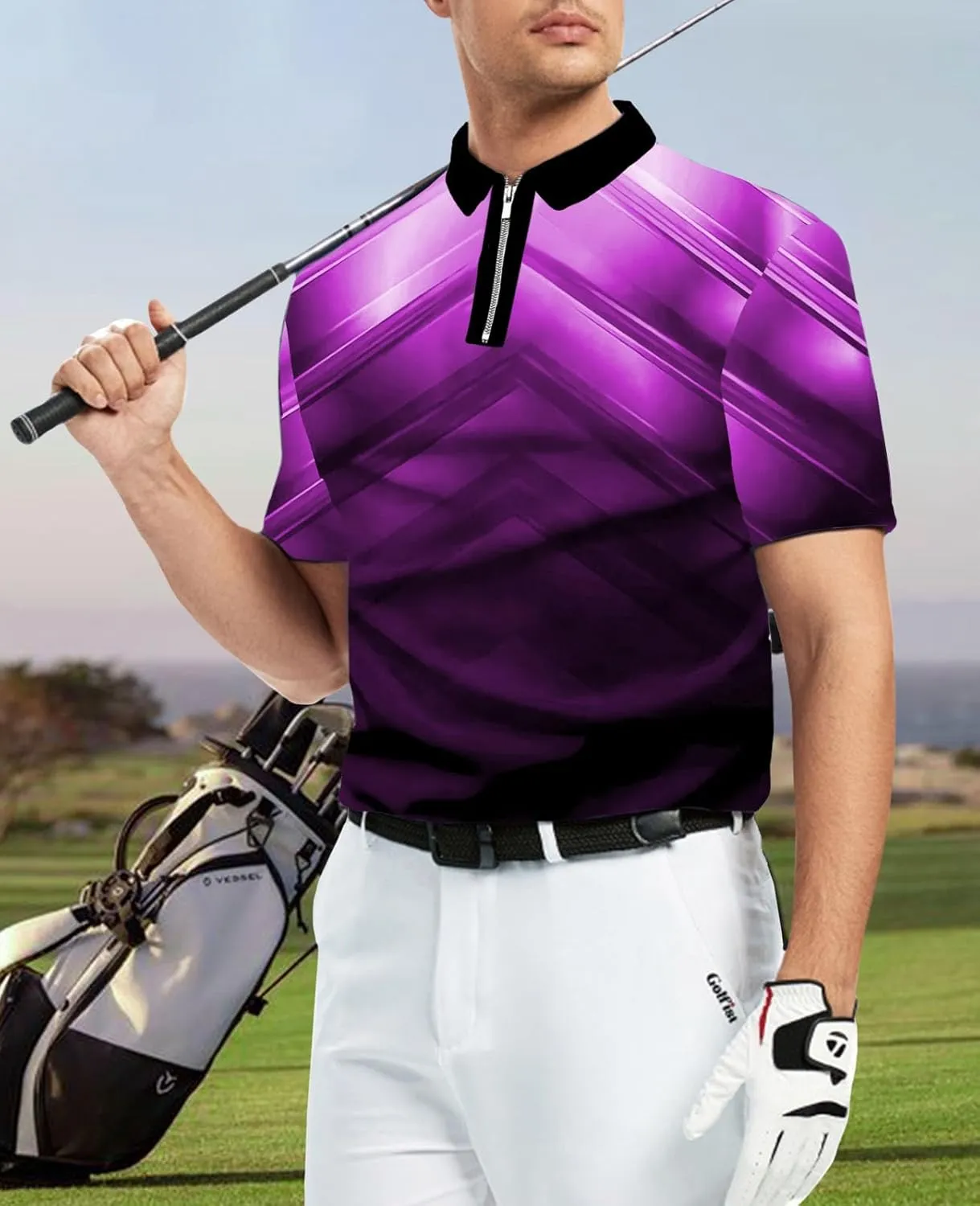 Ecosunny Men's Short Sleeve Polo Shirt 3D Printed Zipper Casual Slim Fit Golf Shirts