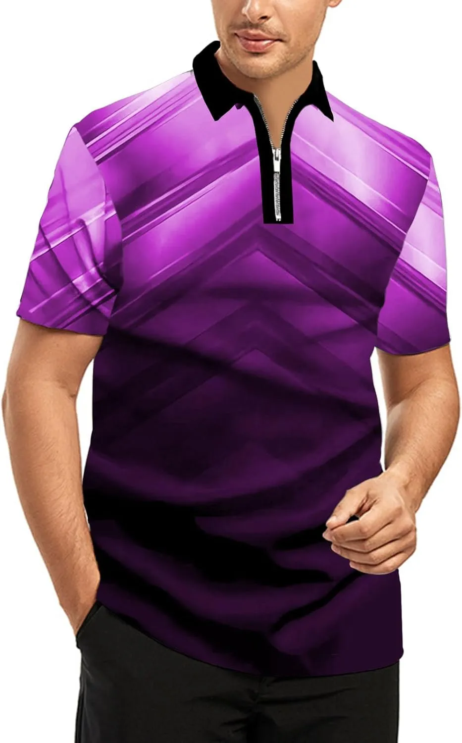 Ecosunny Men's Short Sleeve Polo Shirt 3D Printed Zipper Casual Slim Fit Golf Shirts