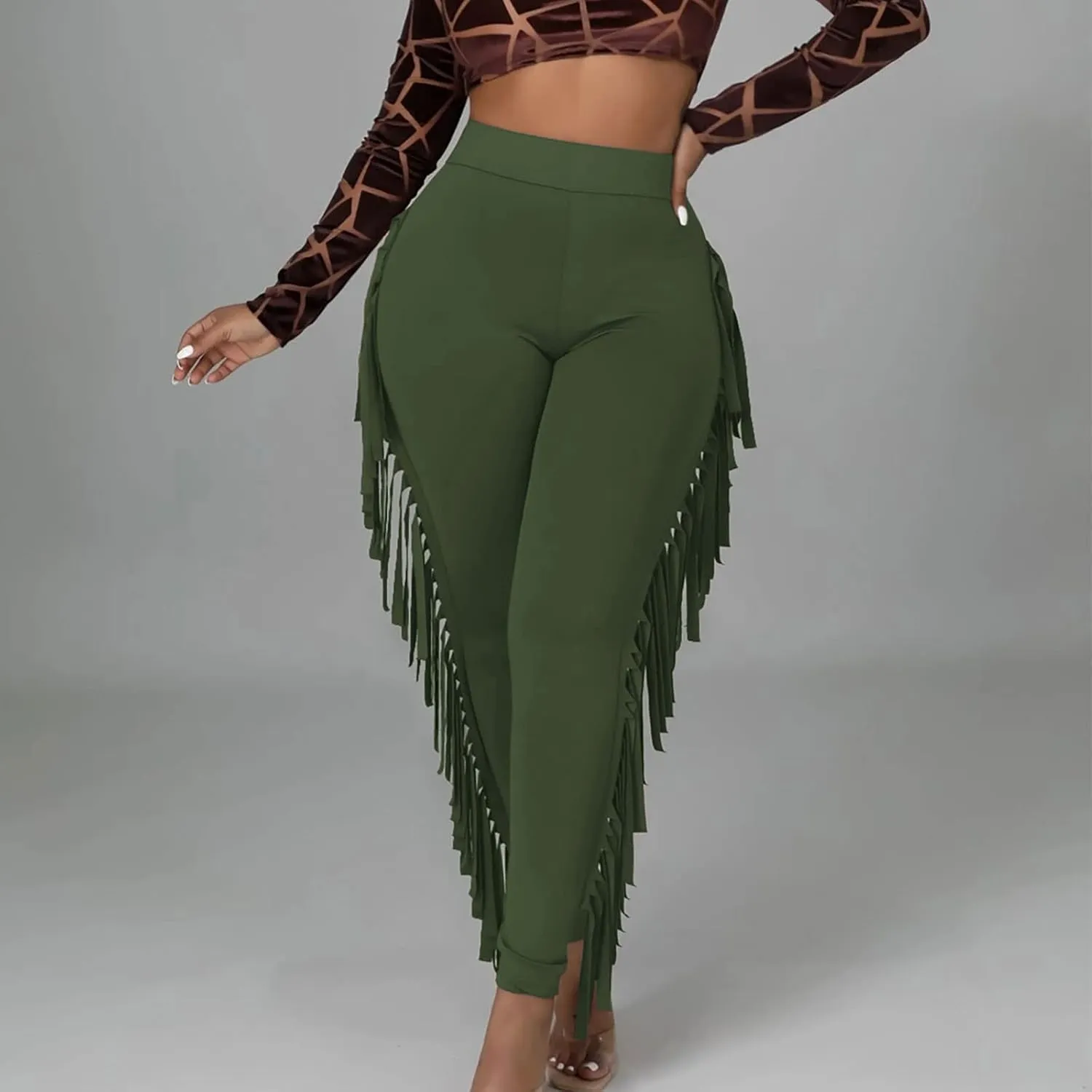 Firzero Women's Fringe Pants Sexy Casual High Waist Solid Color Bodycon Side Tassel Leggings Trendy 2024 Yoga Pants