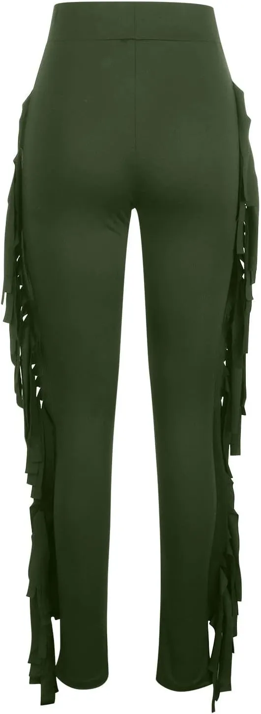 Firzero Women's Fringe Pants Sexy Casual High Waist Solid Color Bodycon Side Tassel Leggings Trendy 2024 Yoga Pants