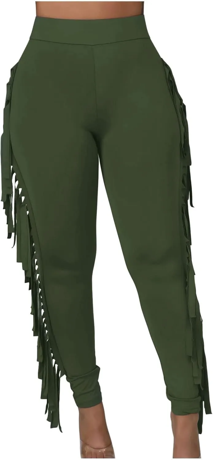Firzero Women's Fringe Pants Sexy Casual High Waist Solid Color Bodycon Side Tassel Leggings Trendy 2024 Yoga Pants
