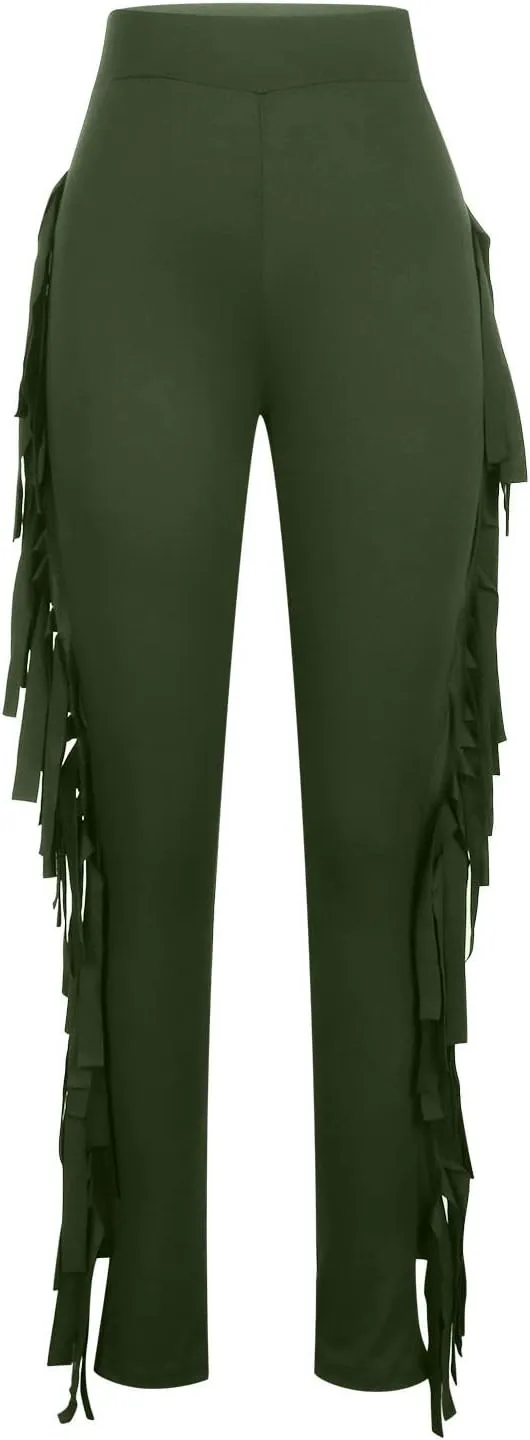Firzero Women's Fringe Pants Sexy Casual High Waist Solid Color Bodycon Side Tassel Leggings Trendy 2024 Yoga Pants