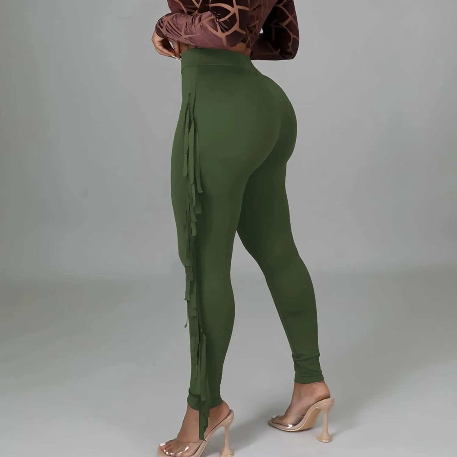 Firzero Women's Fringe Pants Sexy Casual High Waist Solid Color Bodycon Side Tassel Leggings Trendy 2024 Yoga Pants
