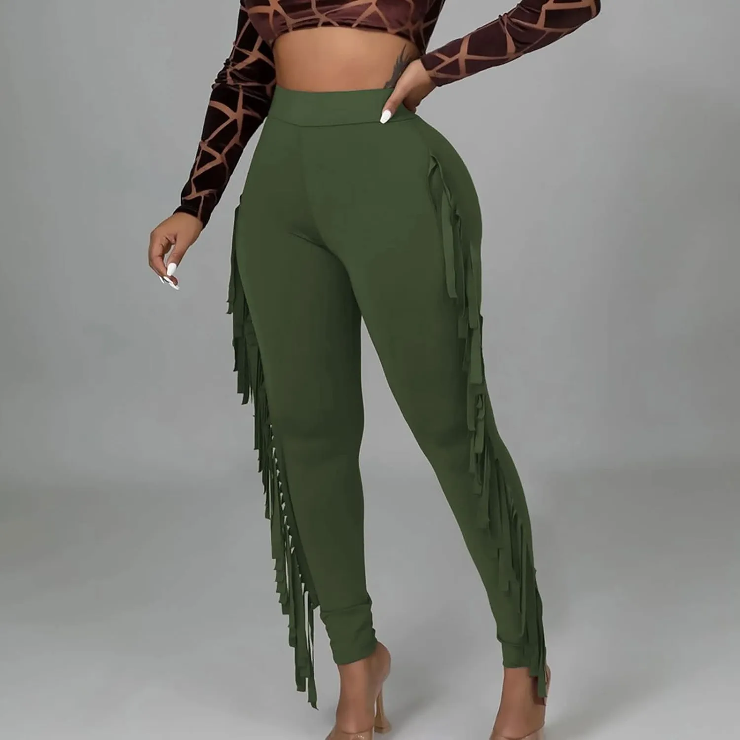 Firzero Women's Fringe Pants Sexy Casual High Waist Solid Color Bodycon Side Tassel Leggings Trendy 2024 Yoga Pants