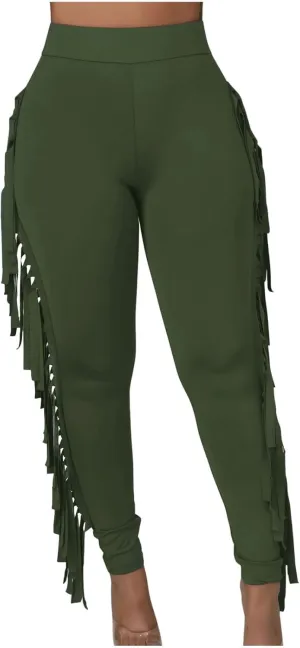 Firzero Women's Fringe Pants Sexy Casual High Waist Solid Color Bodycon Side Tassel Leggings Trendy 2024 Yoga Pants