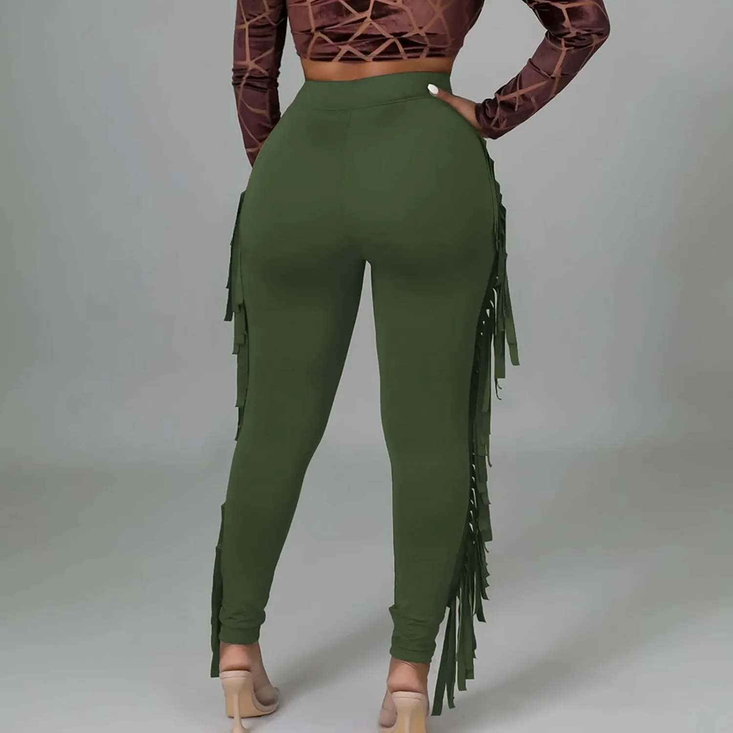Firzero Women's Fringe Pants Sexy Casual High Waist Solid Color Bodycon Side Tassel Leggings Trendy 2024 Yoga Pants