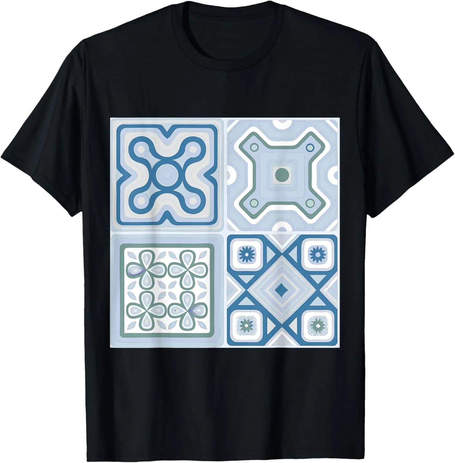 Geometric Squares Blue Mediterranean Pattern T-Shirt