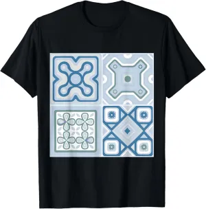 Geometric Squares Blue Mediterranean Pattern T-Shirt