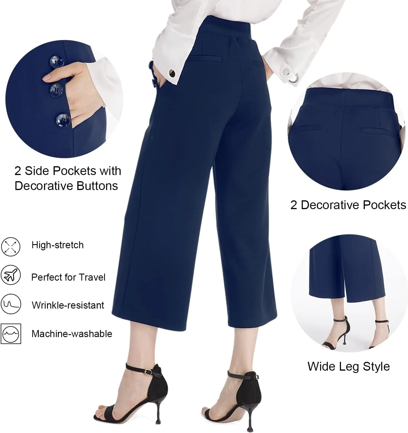 Ginasy Black Wide Leg Pants for Women Business Casual Dress Pants Stretch High Waist Crop Capris Culotte