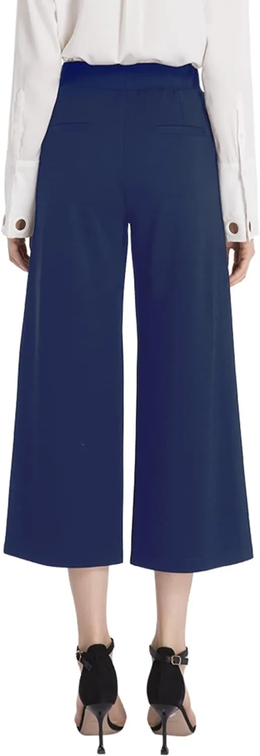 Ginasy Black Wide Leg Pants for Women Business Casual Dress Pants Stretch High Waist Crop Capris Culotte