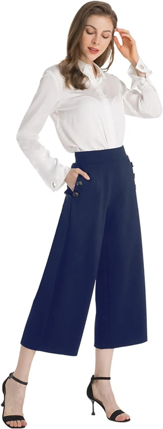 Ginasy Black Wide Leg Pants for Women Business Casual Dress Pants Stretch High Waist Crop Capris Culotte