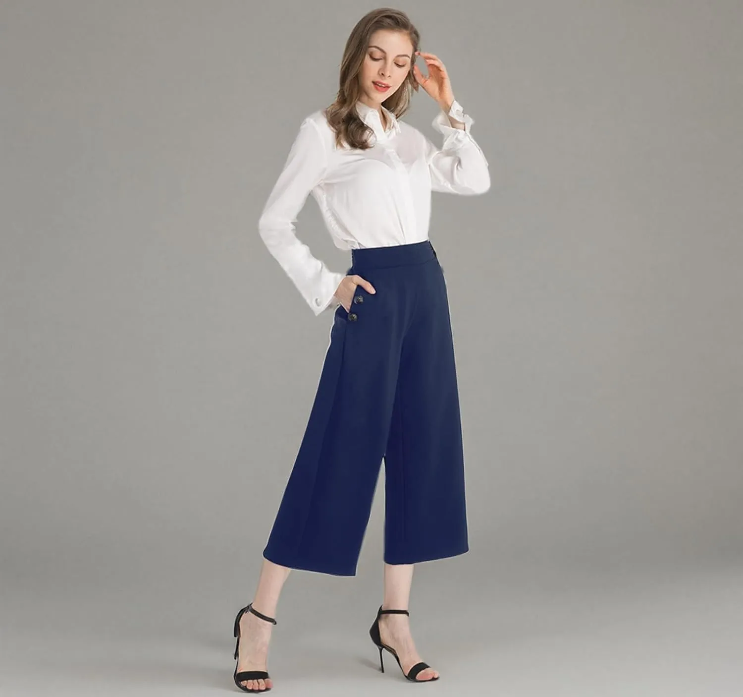 Ginasy Black Wide Leg Pants for Women Business Casual Dress Pants Stretch High Waist Crop Capris Culotte