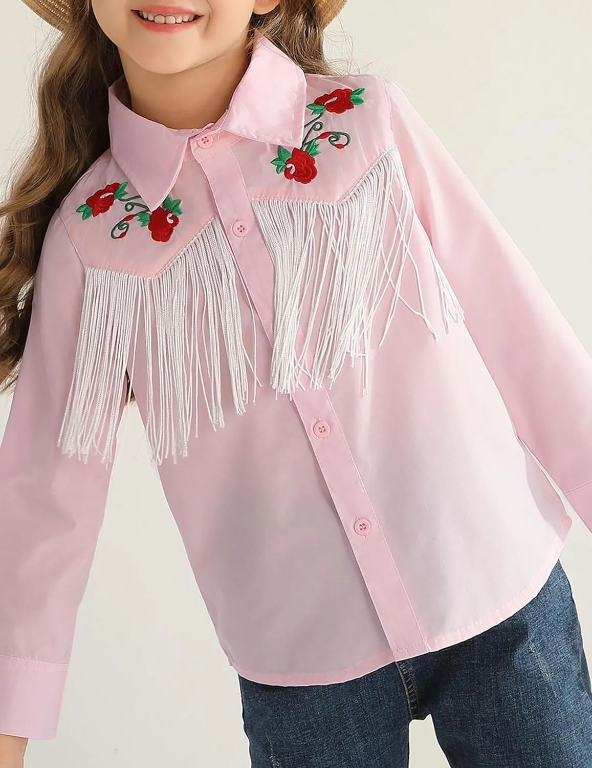 Girls Western Cowboy Fringe Shirt Long Sleeve Floral Embroidered Cute Collared Retro Casual Blouses Shirts