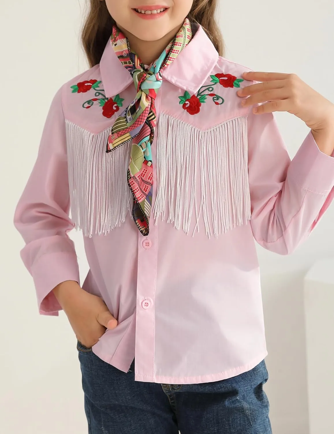 Girls Western Cowboy Fringe Shirt Long Sleeve Floral Embroidered Cute Collared Retro Casual Blouses Shirts
