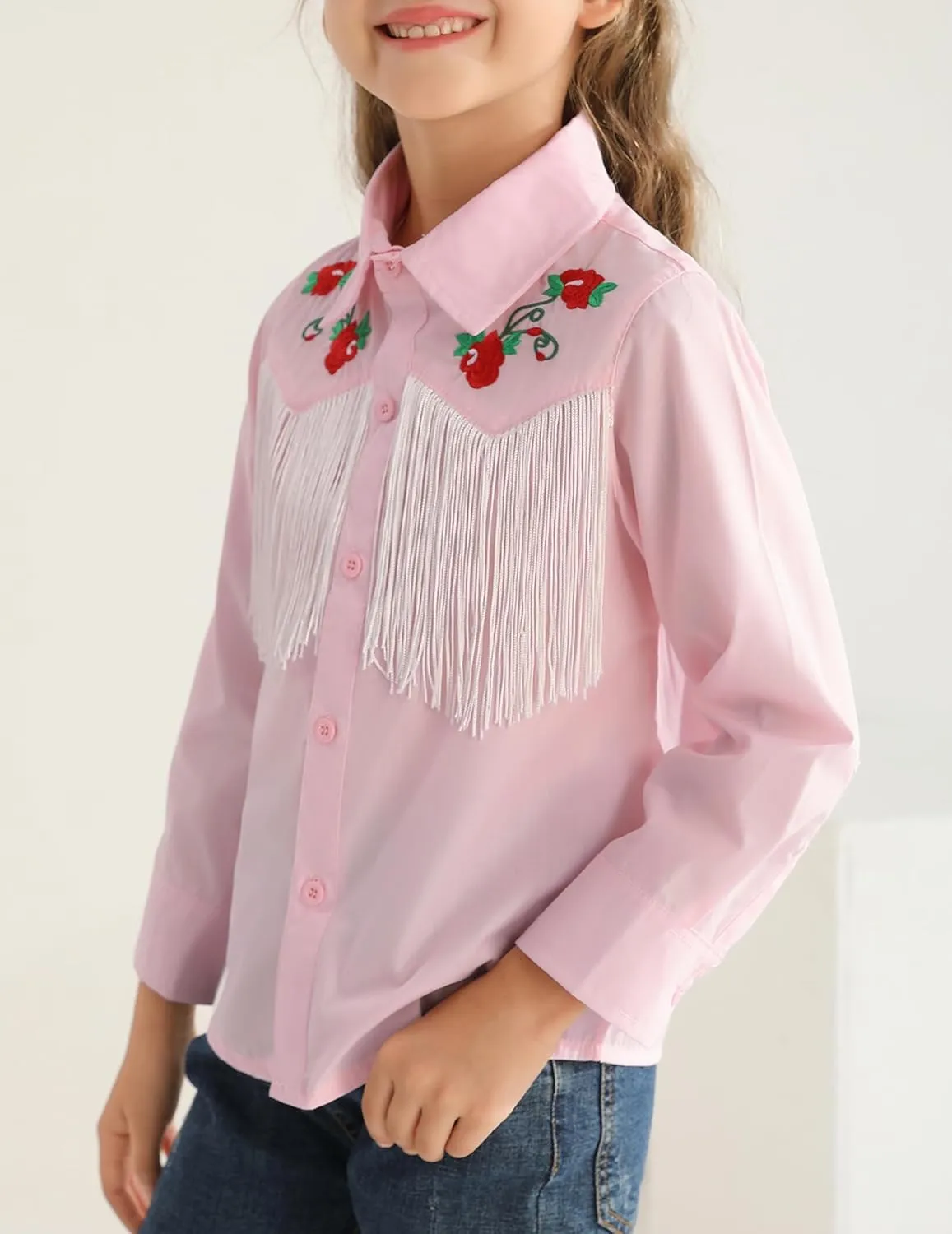 Girls Western Cowboy Fringe Shirt Long Sleeve Floral Embroidered Cute Collared Retro Casual Blouses Shirts