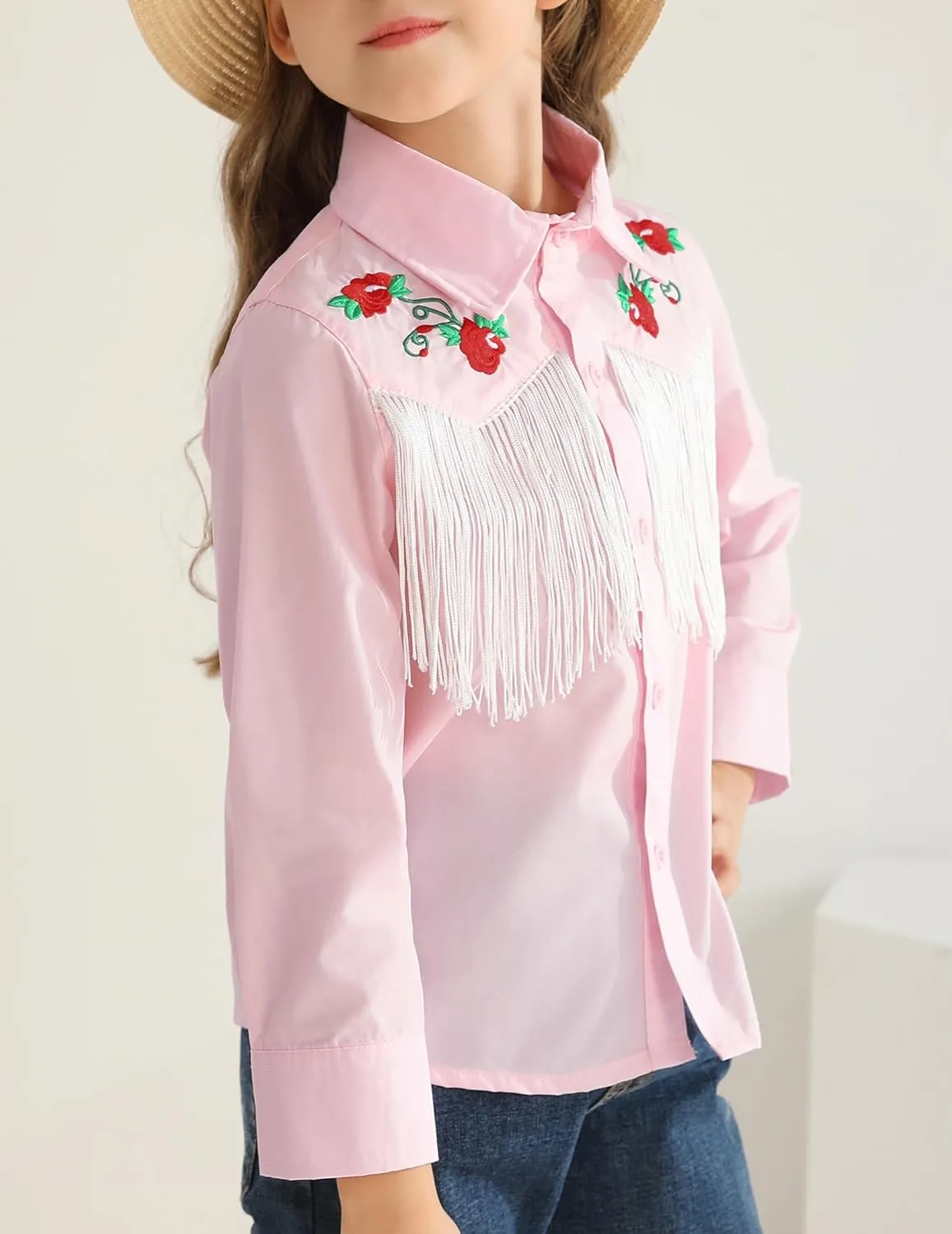 Girls Western Cowboy Fringe Shirt Long Sleeve Floral Embroidered Cute Collared Retro Casual Blouses Shirts