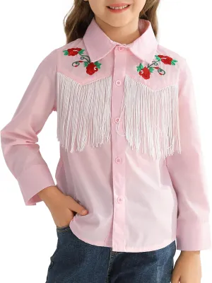 Girls Western Cowboy Fringe Shirt Long Sleeve Floral Embroidered Cute Collared Retro Casual Blouses Shirts