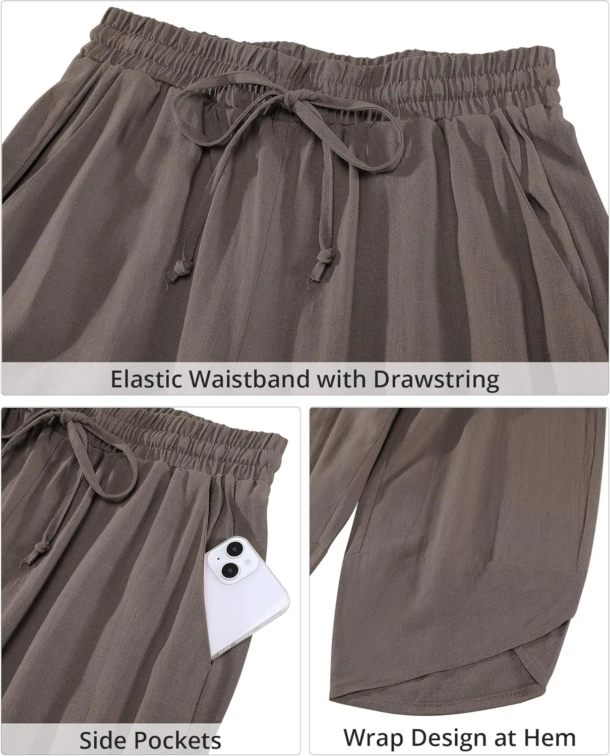 GRAPENT Linen Pants Women High Waisted Wide Leg Casual Beach Pull On Elastic Waist Summer Cropped Pants with Pockets