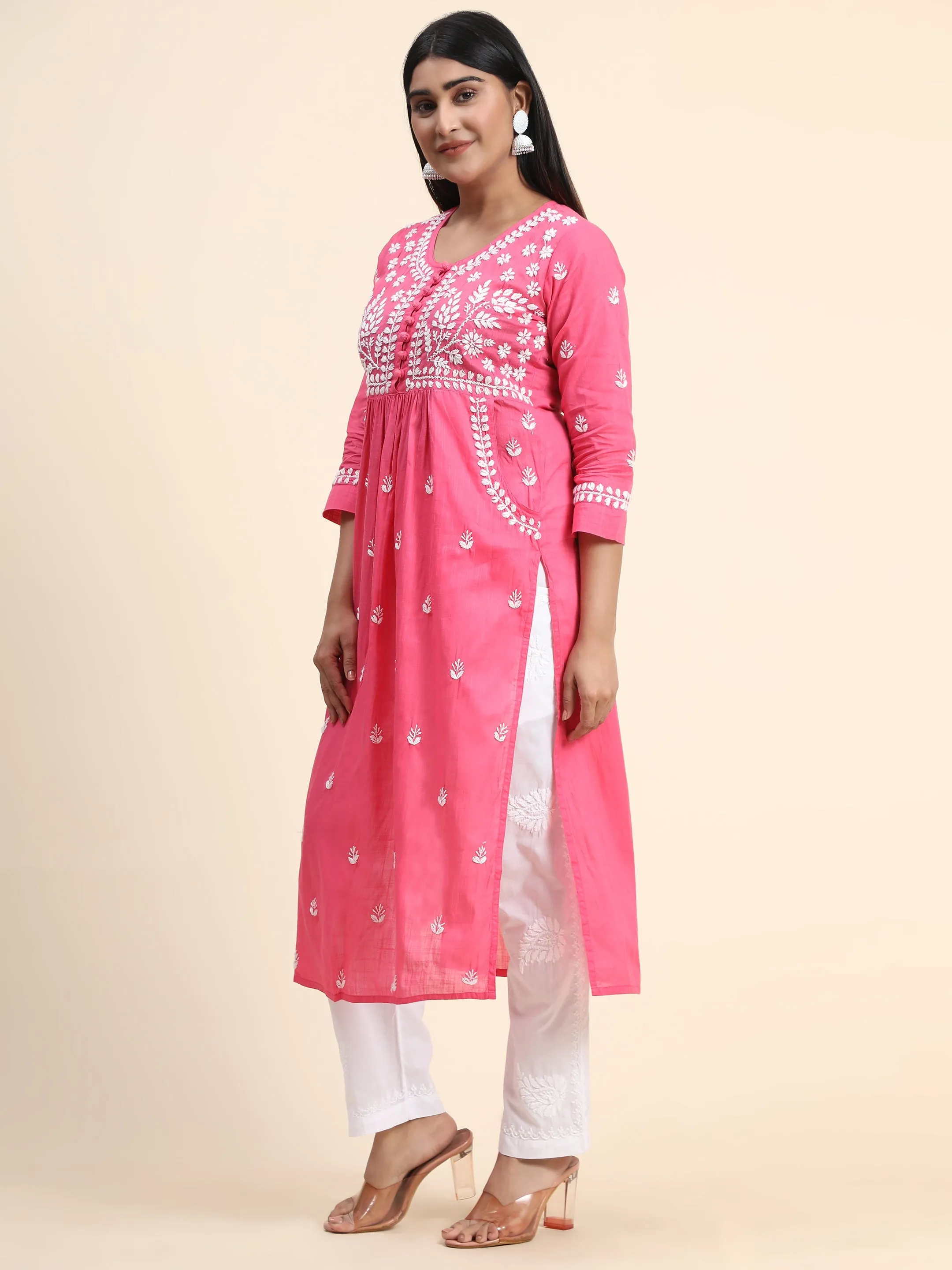 HOK Chikankari Kurti for Women With Pocket  - Pink
