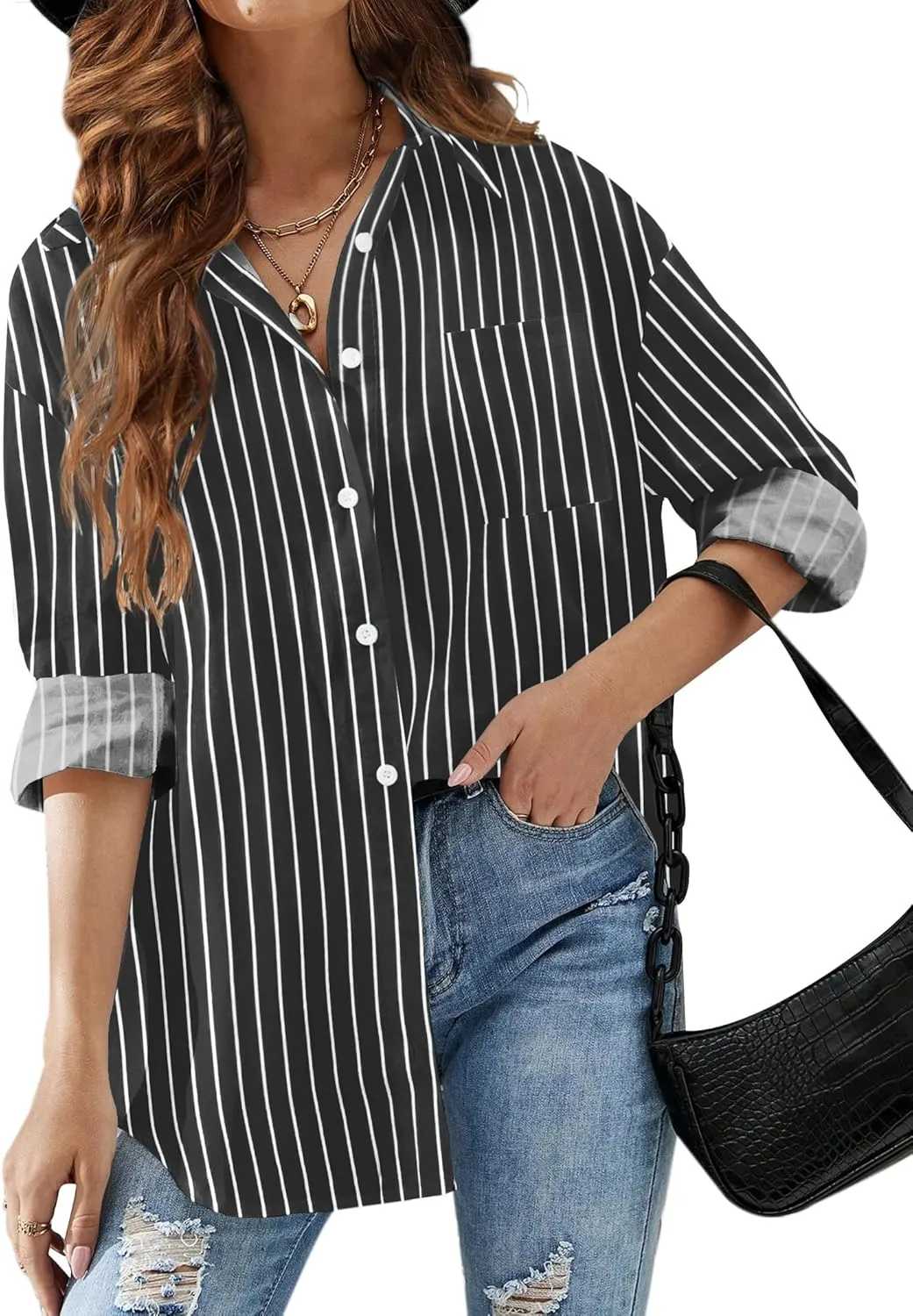 HOTOUCH Black Striped Button Down Shirt Women Lightweight Long Sleeve Oversized Blouse Casual Business Tunic Top
