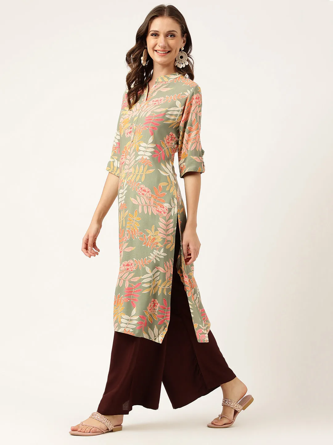 Jashvi Green Floral Digital Printed Straight Fold Sleeve Kurta