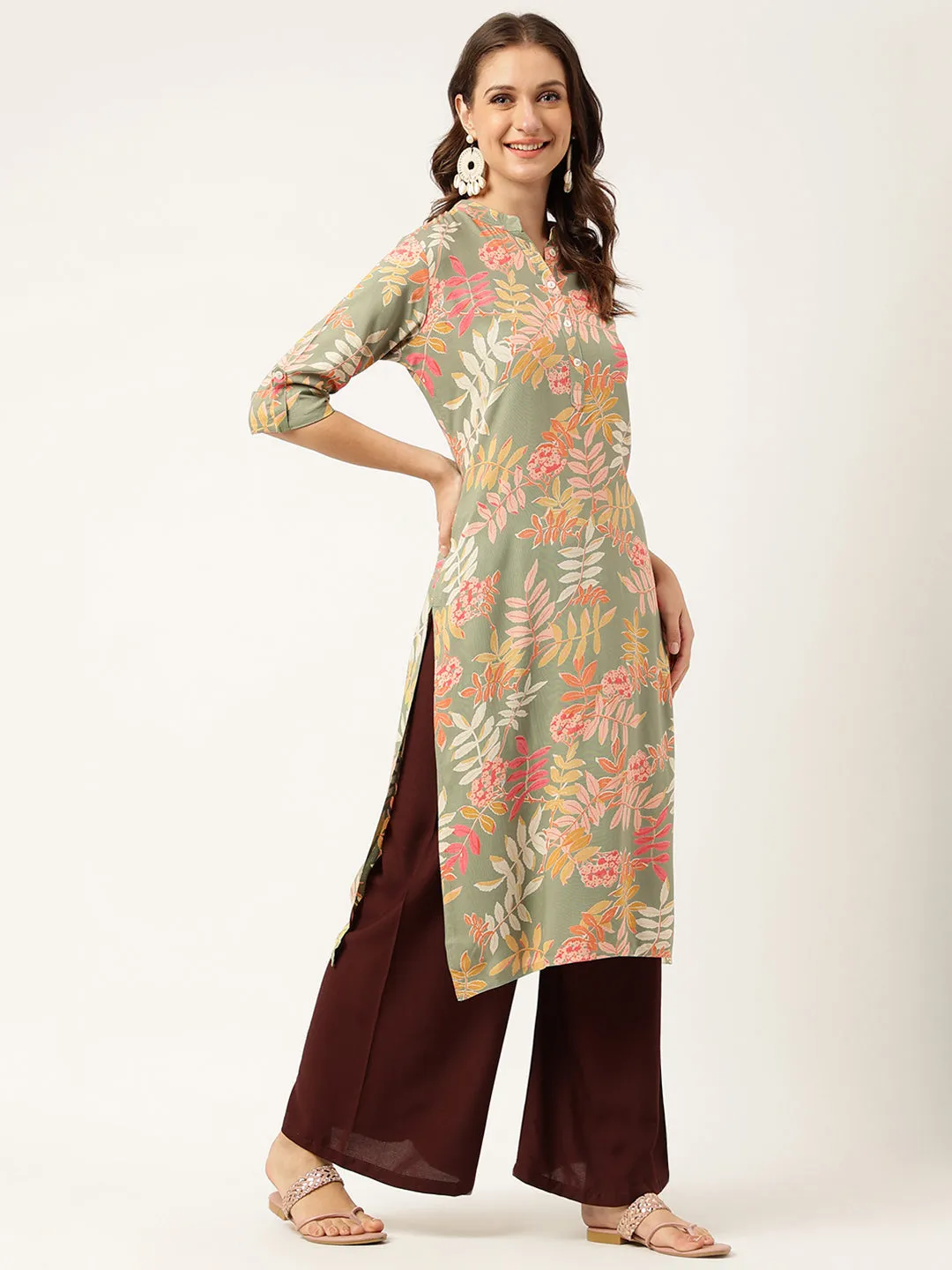 Jashvi Green Floral Digital Printed Straight Fold Sleeve Kurta