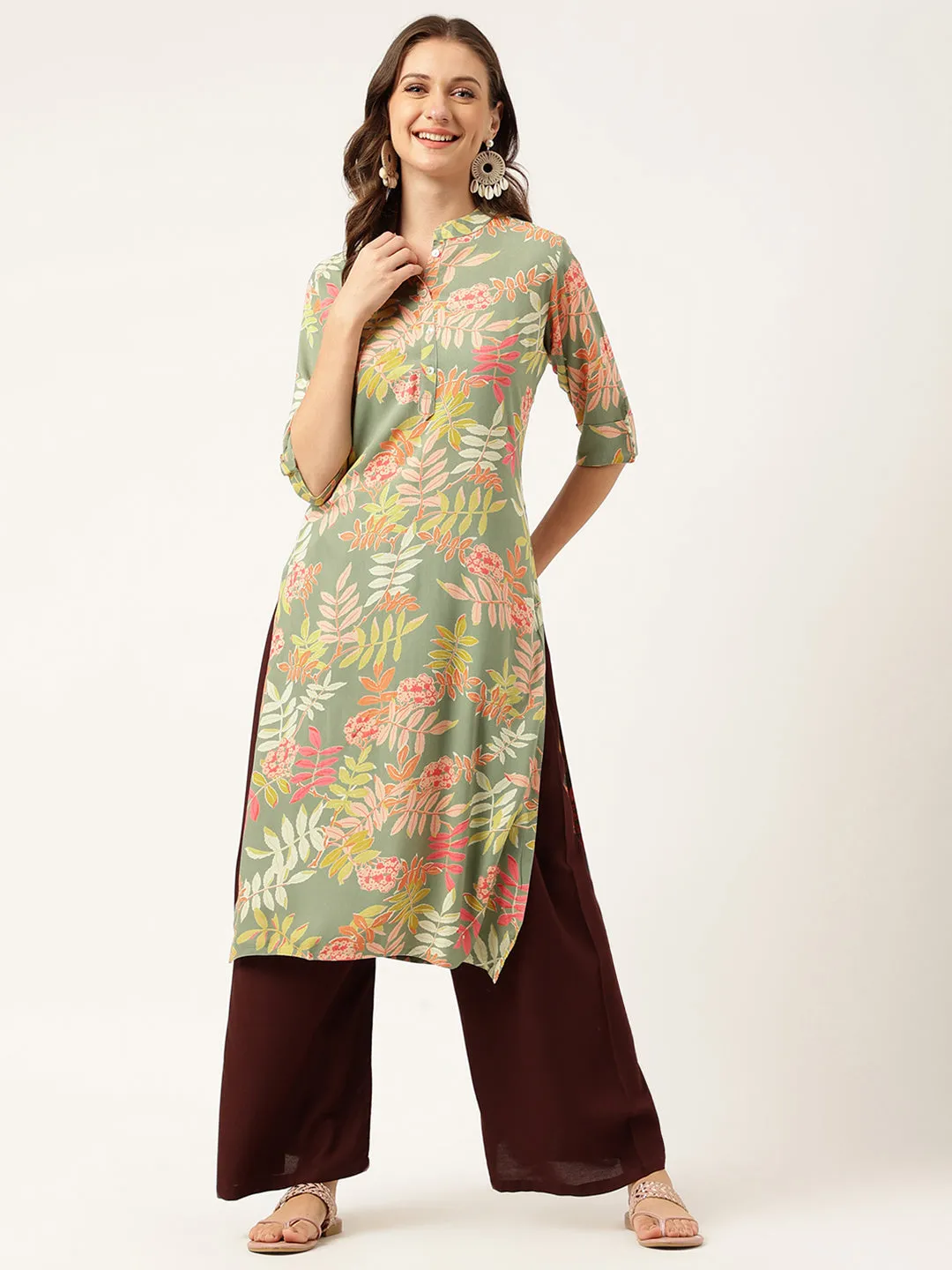 Jashvi Green Floral Digital Printed Straight Fold Sleeve Kurta