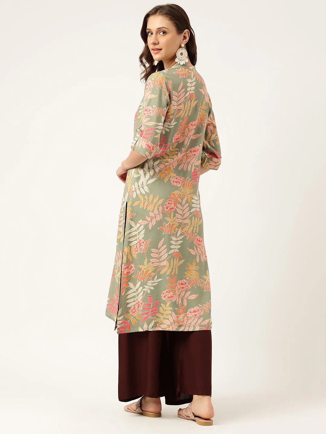Jashvi Green Floral Digital Printed Straight Fold Sleeve Kurta