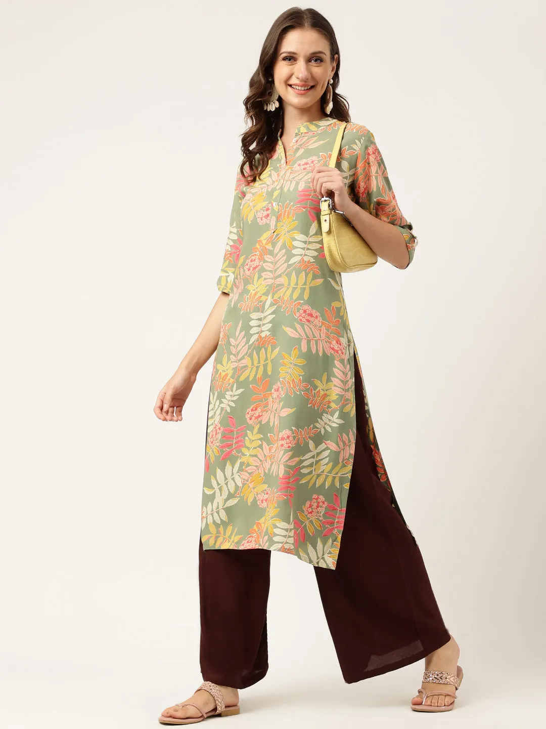 Jashvi Green Floral Digital Printed Straight Fold Sleeve Kurta