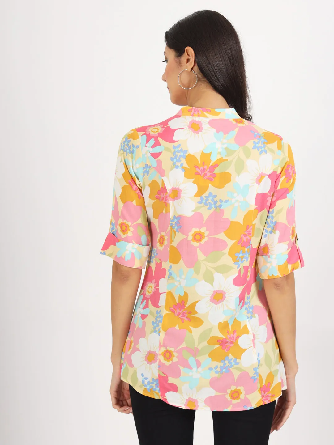 Jashvi Yellow Floral Printed Fold Sleeve Rayon Top