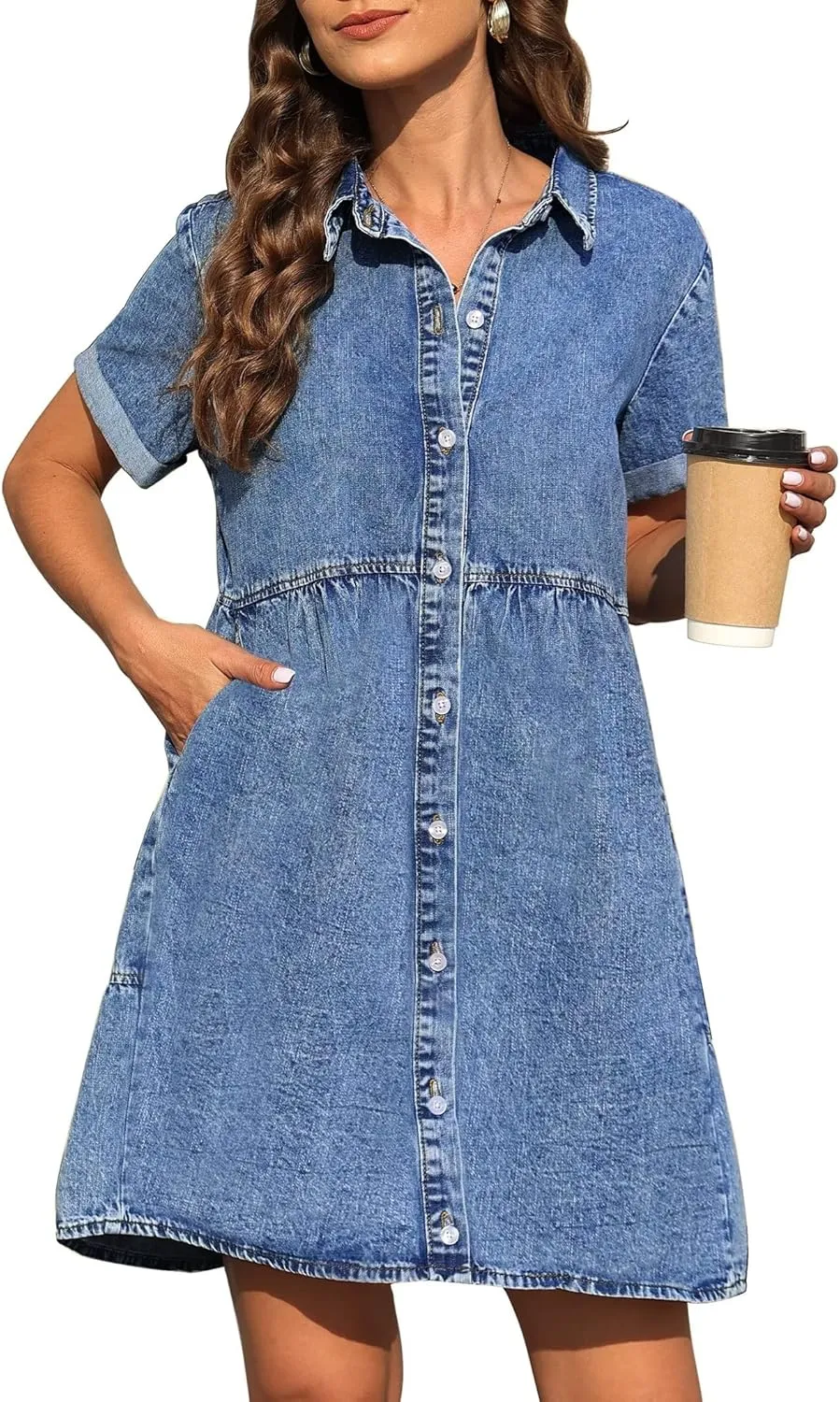 KDF Denim Dress for Women with Pockets Short Sleeve Babydoll Denim Shirt Dresses for Women 2025