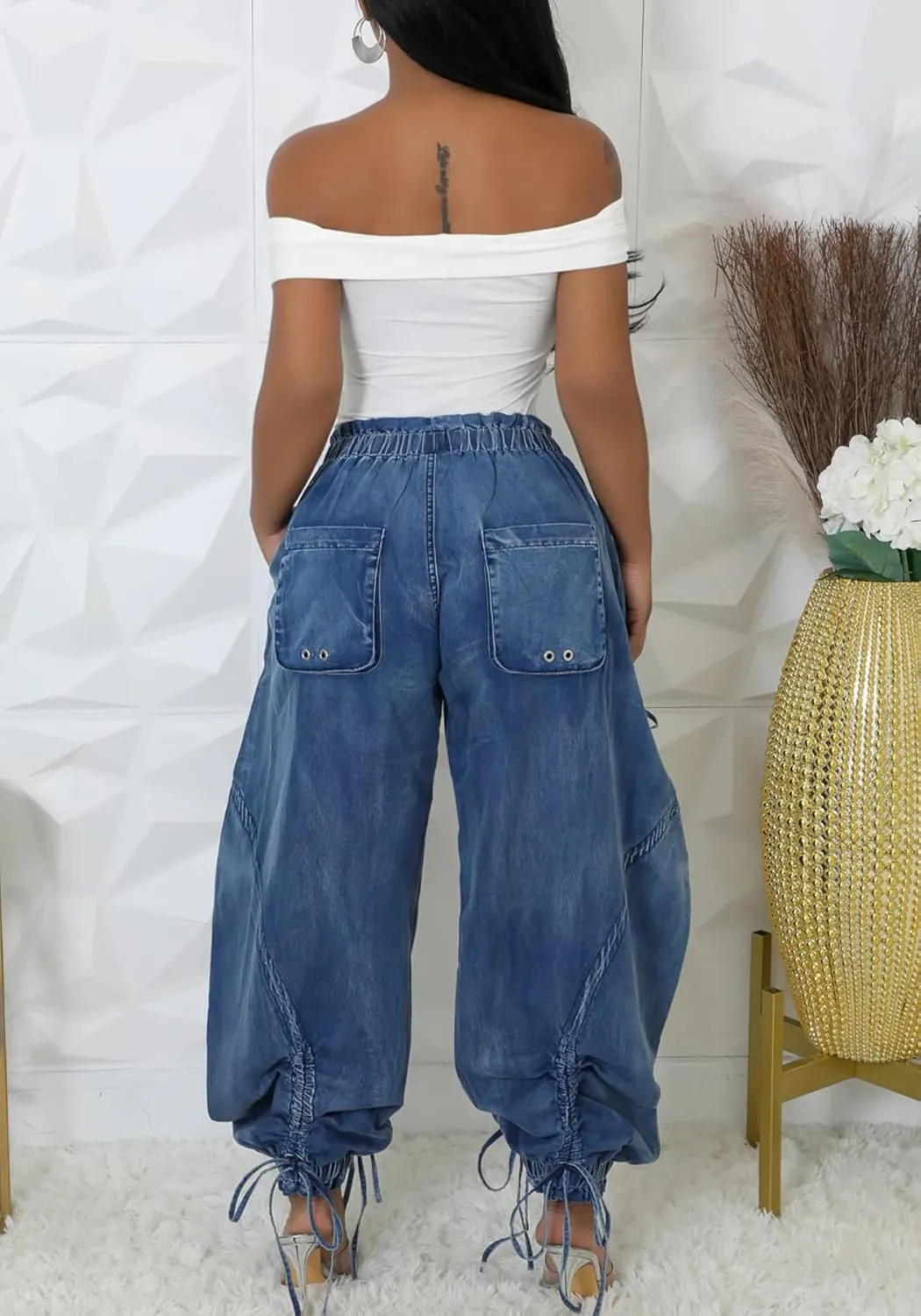 LETSVDO Women's Baggy Cargo Jogger Jeans High Waisted Wide Leg Drawstring Bow Pockets Loose Harem Denim Pant Sweatpants