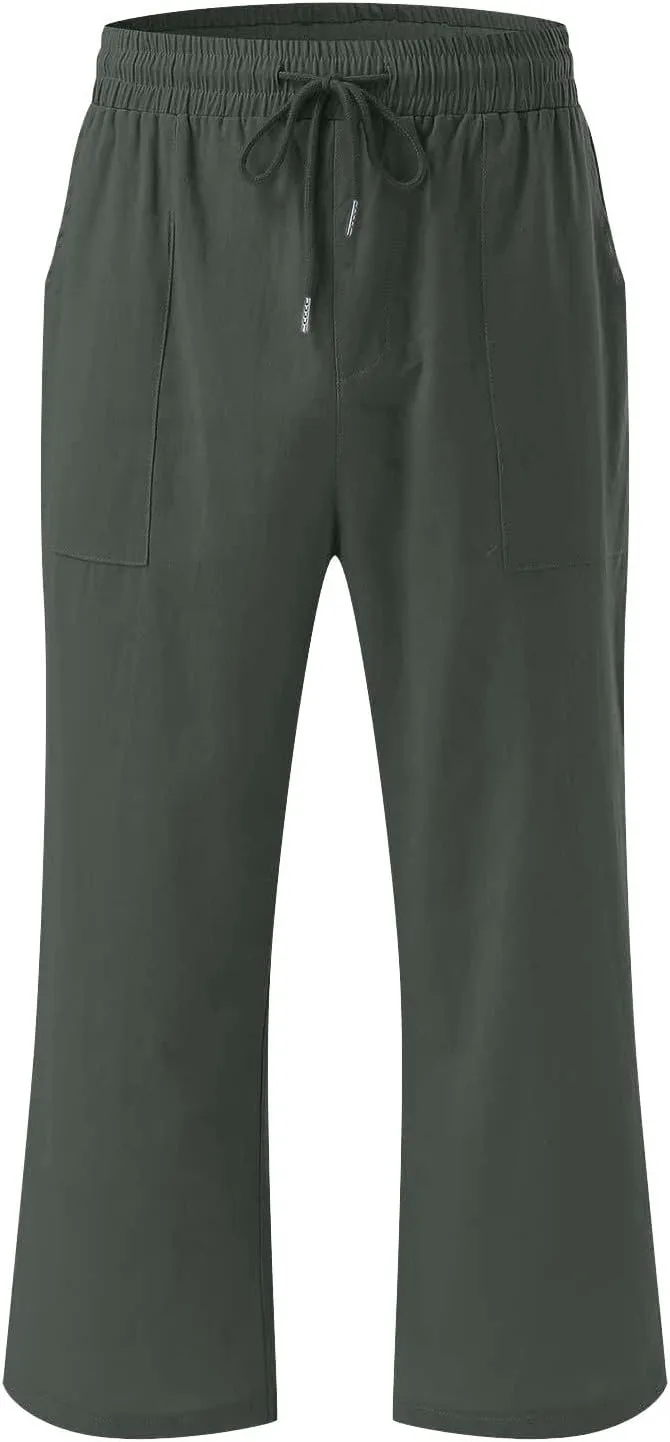 Linen Summer Pants for Women 2024 Wide Leg Capris Palazzo Capri Pants Dressy Causal Gauze Pants with Pockets