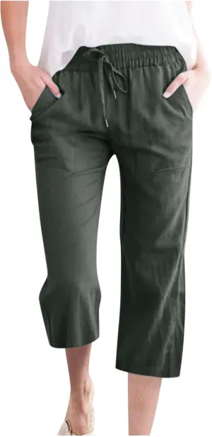 Linen Summer Pants for Women 2024 Wide Leg Capris Palazzo Capri Pants Dressy Causal Gauze Pants with Pockets