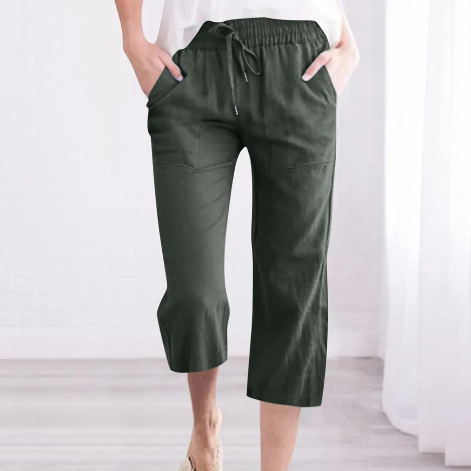 Linen Summer Pants for Women 2024 Wide Leg Capris Palazzo Capri Pants Dressy Causal Gauze Pants with Pockets